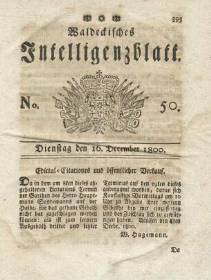 No. 50, Dienstag den 16. December 1800