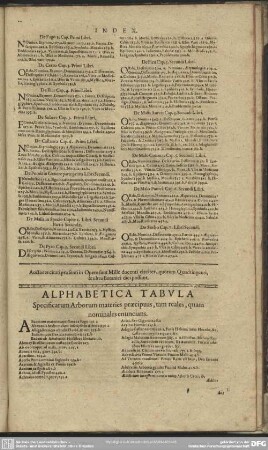 Alphabetica Tabla. Specificarum Arborum materies praecipuas, tam reales, quam nominales enuncians