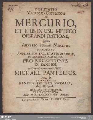 Disputatio Medico-Chymica De Mercurio, Et Eius In Usu Medico Operandi Ratione