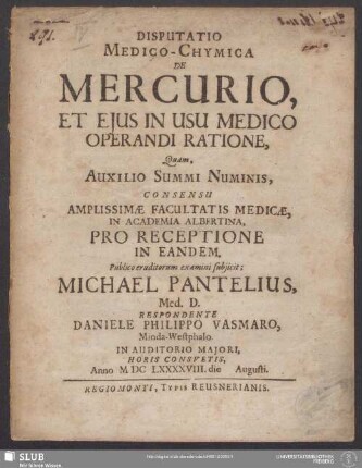Disputatio Medico-Chymica De Mercurio, Et Eius In Usu Medico Operandi Ratione