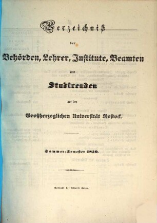 Verzeichnis der Behörden, Lehrer, Beamten, Institute und Studierenden der Universität Rostock. 1850, 1850. SS