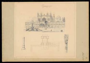 Synagoge Monatskonkurrenz November 1841: Grundriss Erdgeschoss, perspektivische Ansicht, Details: Säulenfuß, Kapitell