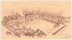 Garten am Landhaus Massolle, Berlin-Kladow: (Lichtpause von Inv.-Nr. 41230): Perspektivische Ansicht (Vogelschau) vom Garten mit Wohnhaus; Stempel