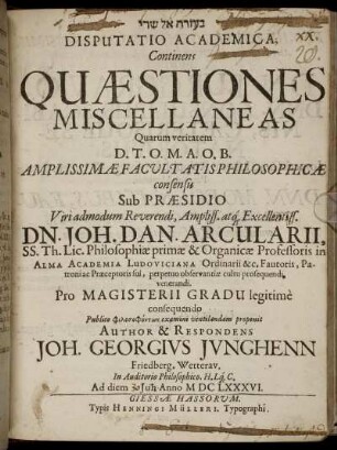 Disputatio Academica, Continens Quaestiones Miscellaneas