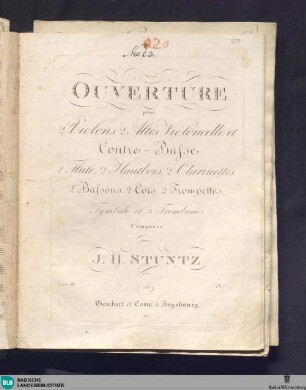 Ouverture pour 2 violons, 2 altes violoncelle et contre-basse, 1 flute, 2 hautbois, 2 clarinettes, 2 bassons, 2 cors, 2 trompettes, tymbale et 3 trombones : oeuv. IX
