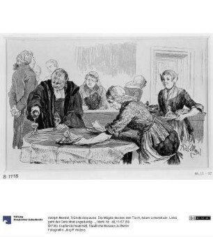 Frühstückspause. Die Mägde decken den Tisch, Adam schenkt ein. Links geht der Gerichtrat ungeduldig auf und ab, zu Heinrich von Kleist "Der Zerbrochene Krug"