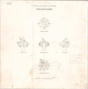 Voit, August von; München; Glaspalast - Vorrichtung zum Abdecken des Säulenfußes (Grundrisse, Ansichten, Schnitt)
