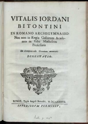 Vitalis Iordani De Componendis Gravium momentis : Dissertatio