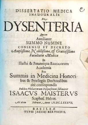 Dissertatio Medica Inauguralis De Dysenteria