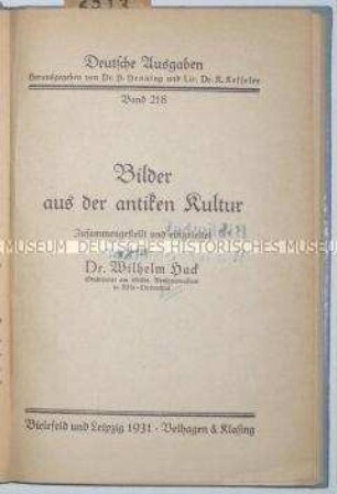 Kulturgeschichtliche Beiträge über die griechische und römische Antike