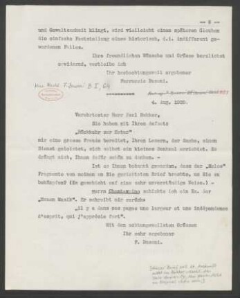 Briefabschrift an Paul Bekker : 04.08.1920