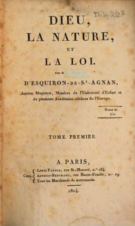 Dieu, la nature, et la loi, 1
