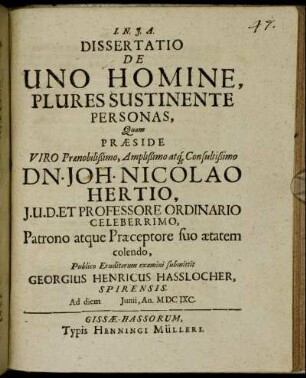 Dissertatio De Uno Homine, Plures Sustinente Personas