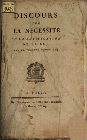 Discours sur la nécessité de la ratification de la loi par la volonté générale