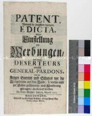 Patent von Friedrich Wilhelm I. König in Preußen betreffend General-Pardon für freiwillig rückkehrende Deserteure