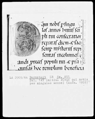 Laacher Sakramentar — Initiale D (eus qui nobis per signulos annos), Folio 147 recto