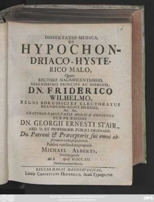 Dissertatio Medica, De Hypochondriaco-Hysterico Malo