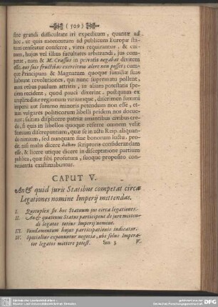 Caput V. An & quid juris Statibus competat circa Legationes nomine Imperij mittendas
