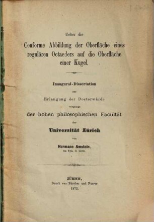 Über die conforme Abbildung der Oberfläche eines regulären Octaeders auf die Oberfläche einer Kugel