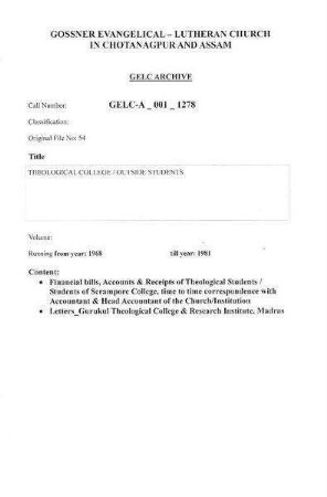 THEOLOGICAL COLLEGE/OUTSIDE STUDENT