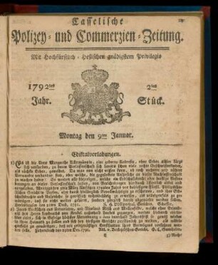 2tes Stück, Montag den 9ten Januar. 1792