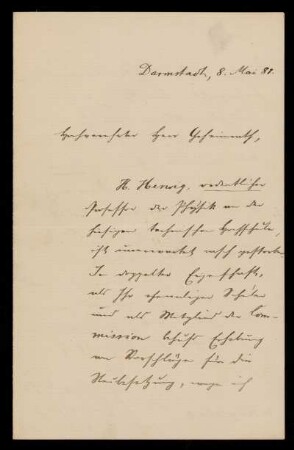 Brief von Sigmund Gundelfinger an Franz Ernst Neumann, Darmstadt, 8.5.1881