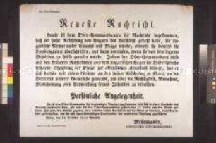 Maueranschlag: Bekanntmachung des Oberkommandanten der Nationalgarde, Messenhauser, an die Wiener Bevölkerung über die Stellung der ungarischen Truppen; Wien, 18. Oktober 1848