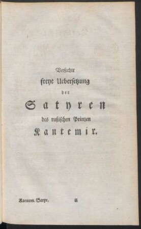 Versuchte freye Uebersetzung der Satyren des rußischen Prinzen Kantemir