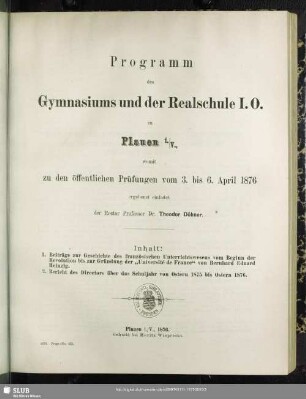 1875/76: Programm des Gymnasiums und der Realschule I. Ordnung zu Plauen