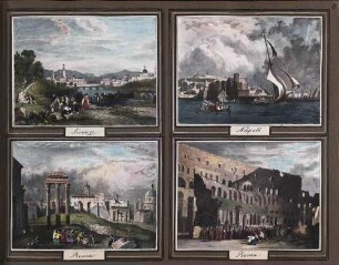 'Firenze', Fernsicht; aquarellierte Lithographie 'Napoli', Teilansicht vom Meer aus; aquarellierte Lithographie 'Roma', Forum Romanum; aquarellierte Lithographie 'Roma', Innenansicht des Kolosseums mit Prozession; aquarellierte Lithographie