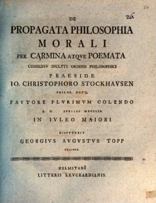 De Propagata Philosophia Morali Per Carmina Atqve Poemata