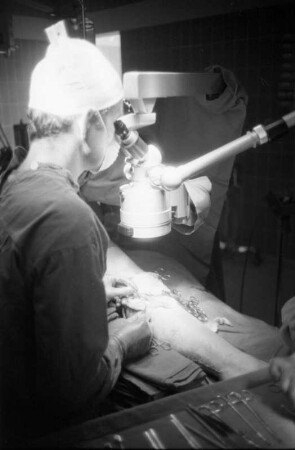 Ludwigshafen-Oggersheim, Ludwig-Guttmann-Straße 13. Berufsgenossenschaftliche Unfallklinik. Abteilung für Verbrennungen und plastische Chirurgie. Unter dem Mikroskop wird eine Nerventransplantation durchgeführt