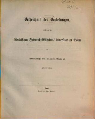 Vorlesungsverzeichnis für das .... 1873/74. WH