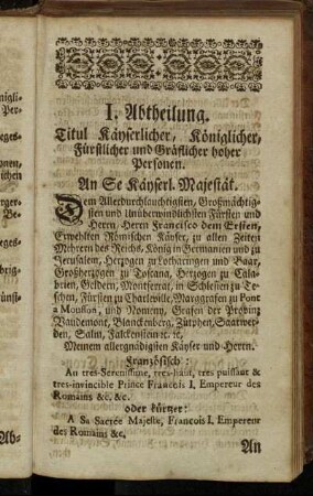 I. Abtheilung. Titul Käyserlicher, Königlicher, Fürstlicher und Gräflicher hoher Personen.