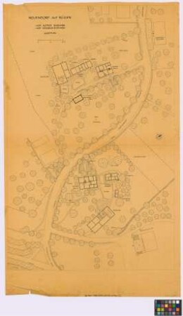 Neuendorf auf Rügen (Landkreis Rügen): Hof Alfred Radvarn und Hof Heinrich Radvarn. Lageplan mit. - Wohnhaus 1 (Grundriss). - Geräte und Wagen[schuppen] (Grundriss). - Scheune, Kuh- und Pferdestall (Grundriss). - Schweinestall (Grundriss). - Abort (Grundriss). - Wohnhaus 2 (Grundriss). - neuer Schweinestall (Grundriss). - Pferdestall und Wagen- und Geräte[schuppen] (Grundriss). - Scheune und Kuhstall (Grundriss). - Abort (Grundriss). - zwei Dungstätten (Grundriss)