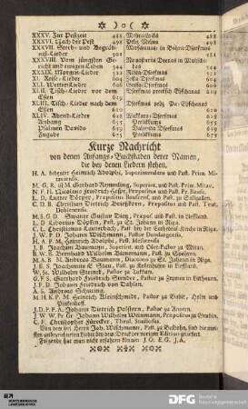 Kurze Nachricht von denen Anfangs- Buchstaben derer Namen, die bey deren Liedern stehen.