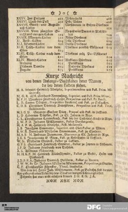 Kurze Nachricht von denen Anfangs- Buchstaben derer Namen, die bey deren Liedern stehen.