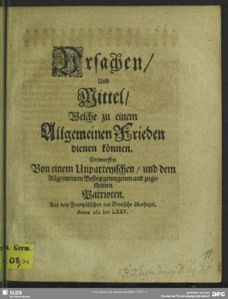 Ursachen, und Mittel, welche zu einem allgemeinen Frieden dienen können