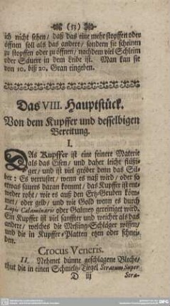 Das VIII. Hauptstück. Von dem Kupffer und desselbigen Bereitung.