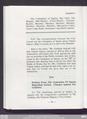 XXI Petition From The Armenians Of Sparta Regarding Serious Charges Against Mr. Gadaleta.