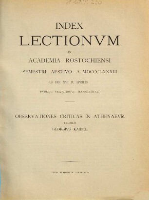 Index lectionum in Academia Rostochiensi ... publice privatimque habendarum. SS 1883