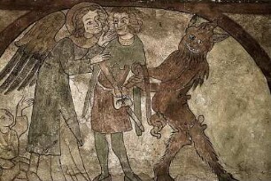 Kampf zwischen Gut und Böse: ein Mensch, der einem Bettler ein Almosen geben will, zwischen Engel und Teufel