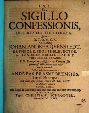 De Sigillo Confessionis, Dissertatio Theologica