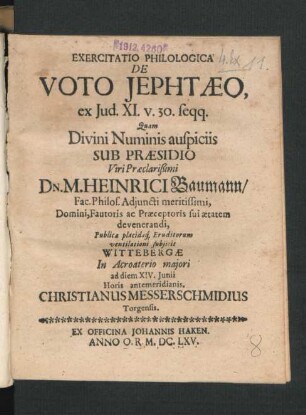 Exercitatio Philologica De Voto Jephtaeo, ex Iud. XI. v. 30. seqq.