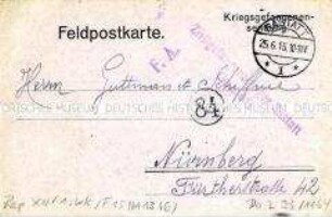 Feldpostkarte aus dem Kriegsgefangenenlager Rastatt an die Firma Guttmann und Schifftau
