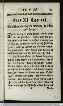 Das XI. Capitel. Von Verwahrung der Bienen für Kälte und Hunger