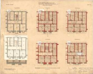 Mellinger, Ludwig von; München; Armeemuseum - 2. Variante - Neubau, Kopfbau Nord (Grundriss Keller, Grundriss UG, Grundriss EG, Grundriss 1. OG, Grundriss 2. OG), Trägerlage für die Schutzdecke der Fußbodenheizung (Grundriss)