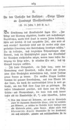 II. An den Verfasser des Aufsatzes: "Einige Worte an Hamburgs Menschenfreunde." (S. III. Jahrg. I. Heft S. 84.)