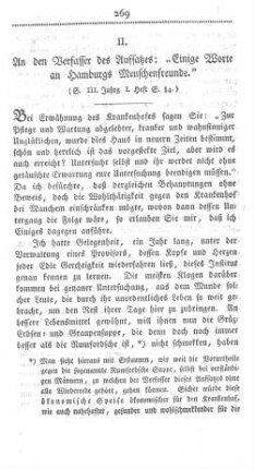 II. An den Verfasser des Aufsatzes: "Einige Worte an Hamburgs Menschenfreunde." (S. III. Jahrg. I. Heft S. 84.)