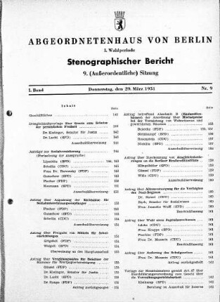 Nr. 9, 29.03.1951 (Außerordentliche Sitzung)